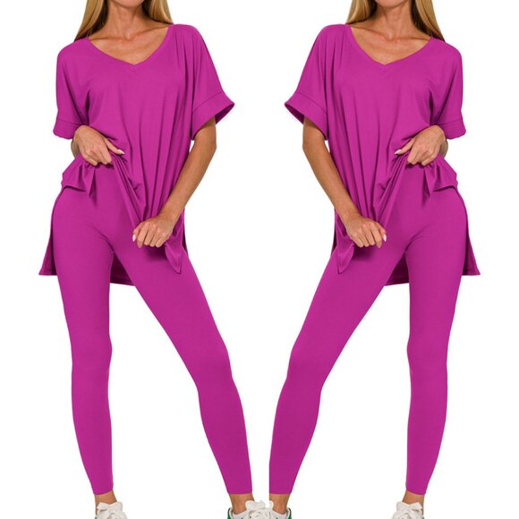 V‑Neck Short-Sleeve Loungewear Leggings Set-Buttery Soft Brushed DTY Microfiber - Picture 1 of 6